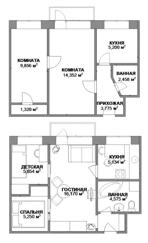 Планировка двухкомнатной хрущевки со смежными комнатами. Популярные идеи перепланировки