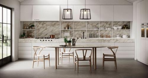 Фартук и пол одинаковые. Плюсы использование широкоформатного керамогранита в качестве фартука